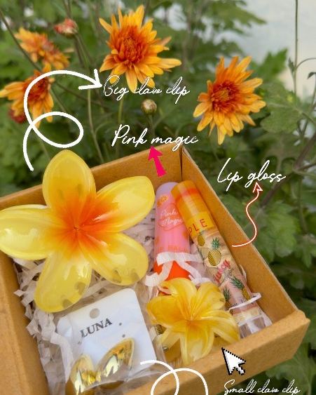 Bloom hamper with lip gloss and claw clips